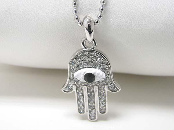 Made in korea whitegold plating epoxy and crystal stud hamsa pendant necklace