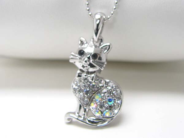 Made in korea whitegold plating crystal stud cat pendant necklace