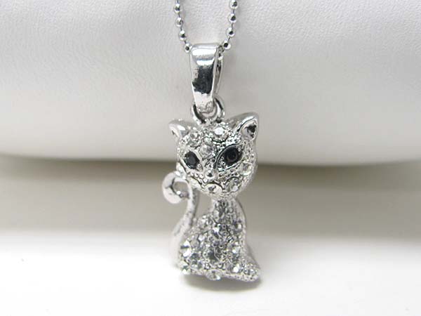 Made in korea whitegold plating crystal stud cat pendant necklace