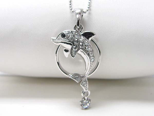 Made in korea whitegold plating crystal stud dolphin pendant necklace