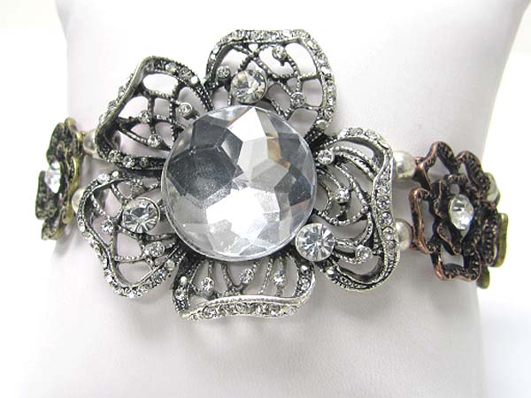 Crystal deco filigree metal flower link stretch bracelet