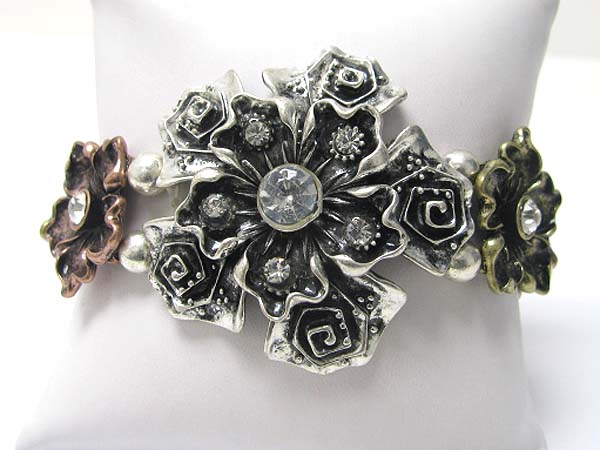 Crystal deco filigree antique metal flower link stretch bracelet