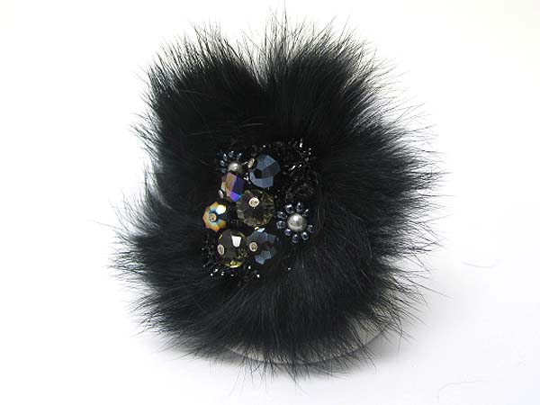 Fur and galss beads deco fashion stretch ring