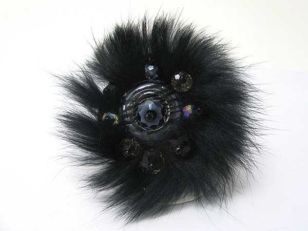 Fur and galss beads deco fashion stretch ring