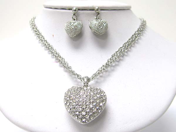 Crystal stud puffy heart pendant necklace earring set