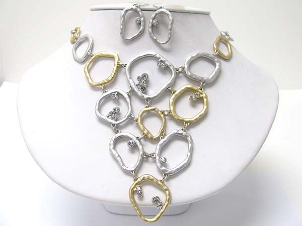 Crystal bubbled metal link bib style necklace earring set