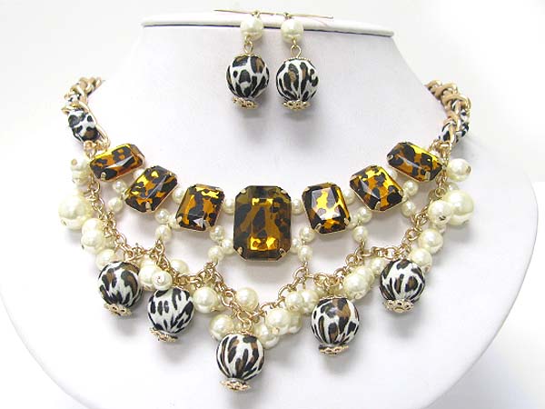 Pearl and mixed animal print stone and beads deco neckalce earring set