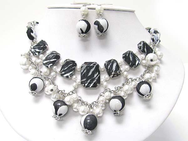 Pearl and mixed animal print stone and beads deco neckalce earring set