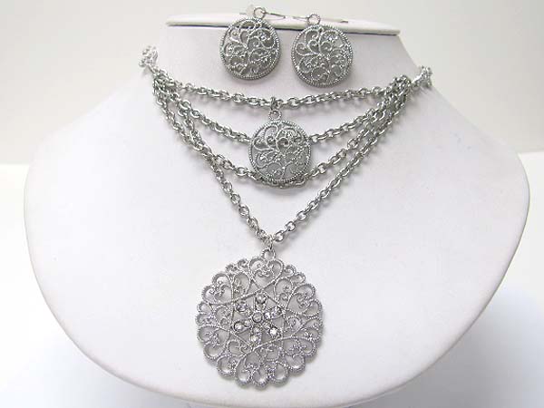 Crystal stud metal filigree double layer round pendant neckalce earring set