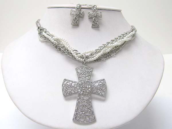 Crystal stud metal filigree cross pendant mixed chain tangle neckalce earring set