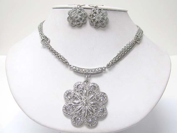 Crystal stud metal filigree flower pendant multi chain neckalce earring set