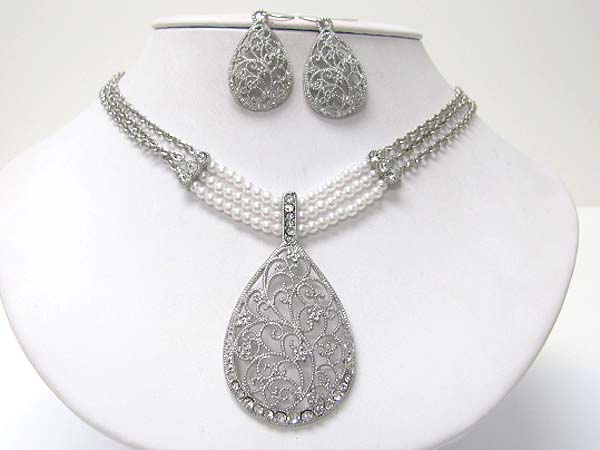 Crystal stud metal filigree teardrop pendant pearl and multi chain neckalce earring set