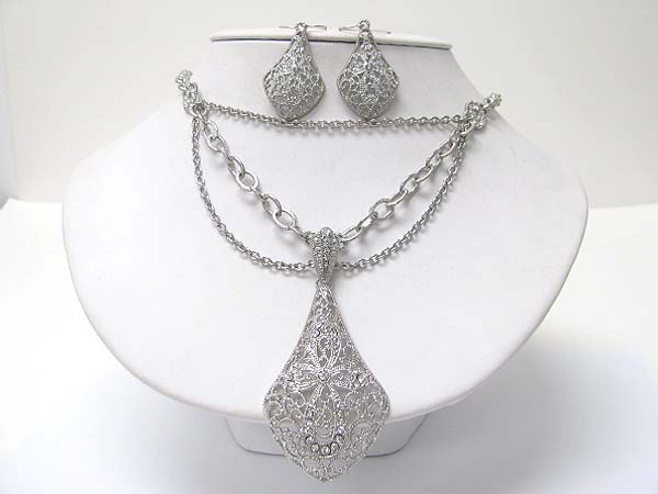 Crystal stud metal filigree  peadant and hanging chain neckalce earring set