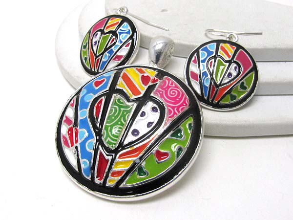 Designer inspired color art round pendant earring set