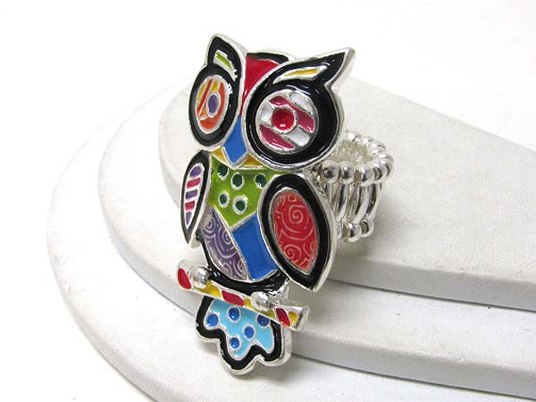 Designer inspired color art owl stretch ring