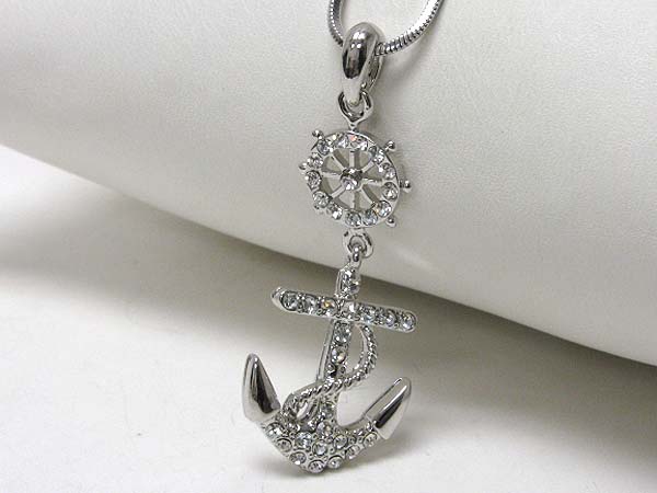 Made in korea whitegold plating crystal stud nautical theme anchor and steering wheel pendant necklace