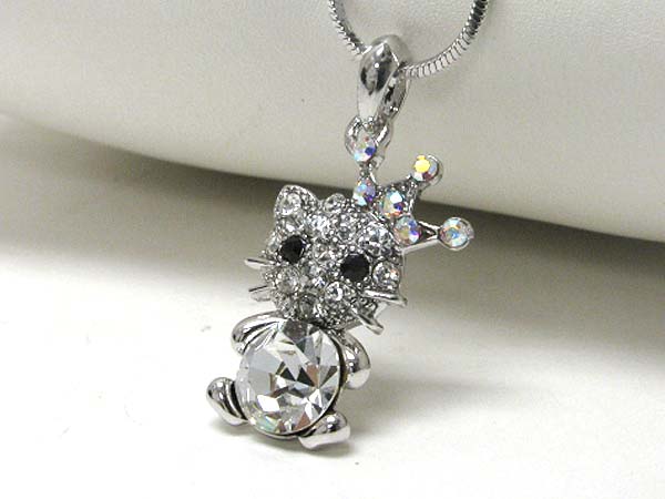 Made in korea whitegold plating crystal stud crown cat pendant necklace