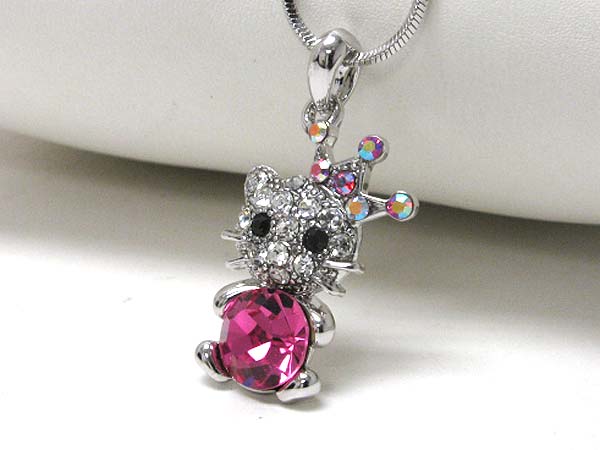 Made in korea whitegold plating crystal stud crown cat pendant necklace