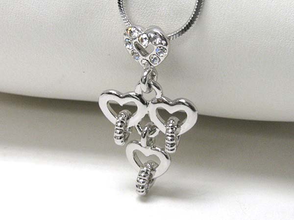 Made in korea whitegold plating crystal stud triple heart and ring drop necklace -valentine