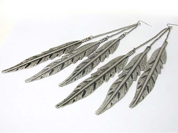 Tri metal feather dangle earring