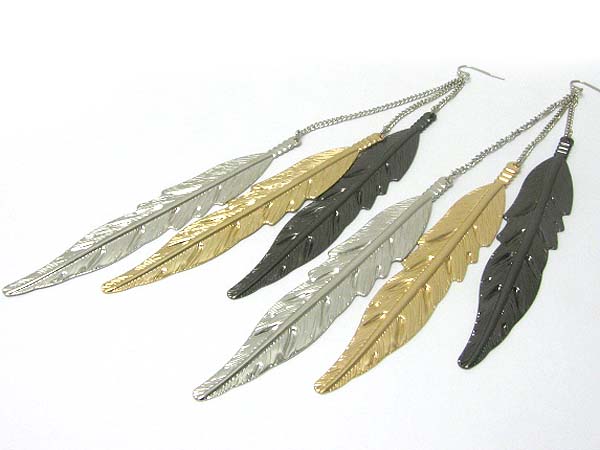 Tri metal feather dangle earring