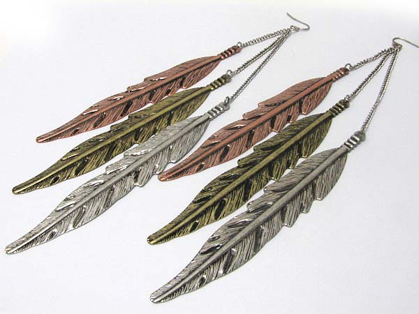 Tri metal feather dangle earring