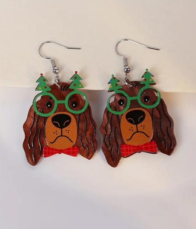 Christmas theme dog and glasses acrylic earring