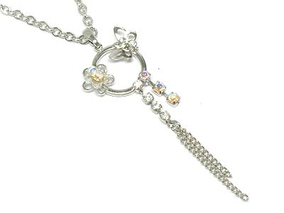 Crystal flower and butterfly deco ring pendant and two line drops necklace