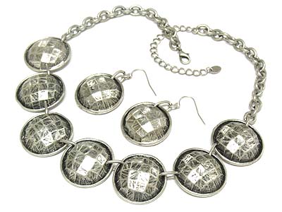 Round burnished metal button link necklace and earring set