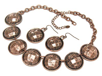 Round burnished metal button link necklace and earring set