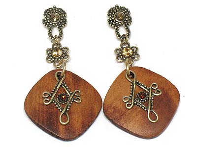 Crystal deco and wood drop metal earring