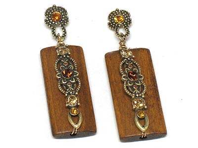 Crystal deco and rectangle wood drop metal earring