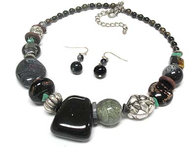 Ceramic stone and glass ball multi beads necklace and earring set