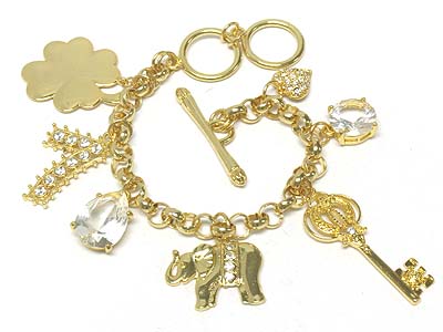 Crystal deco multi charms toggle bracelet