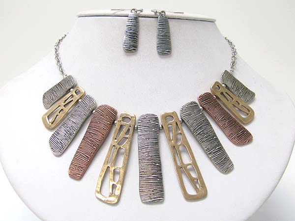 Multi tri tone burnish textured metal bar drop necklace earring set