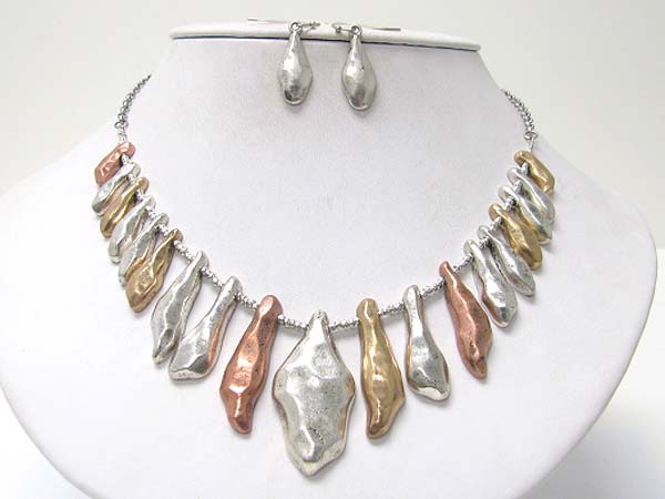 Multi tri tone burnish textured metal dangle necklace earring set