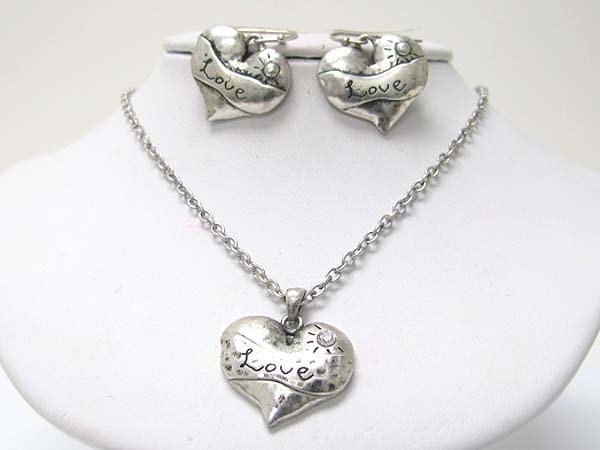 Burnish textured metal love heart pendant necklace earring set