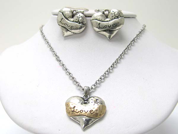 Burnish textured metal love heart pendant necklace earring set