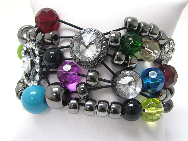 Multi row crystal and mixed facet glass ball link stretch bracelet 