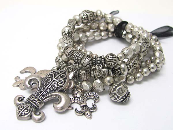 Fleur de lis charm multi row burnish textured metal beads stretch bracelet 