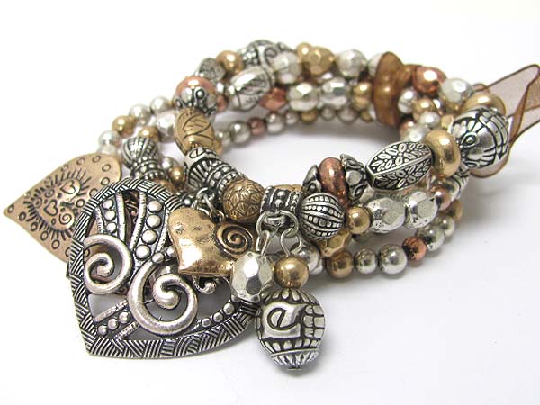 Heart charm multi row burnish textured metal beads stretch bracelet