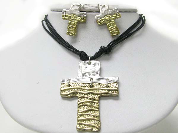 Two burnish textured metal piece joint link cross pendant necklace earring set