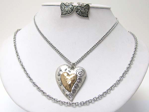 Double layer chain and burnish textured metal heart pendant necklace earring set