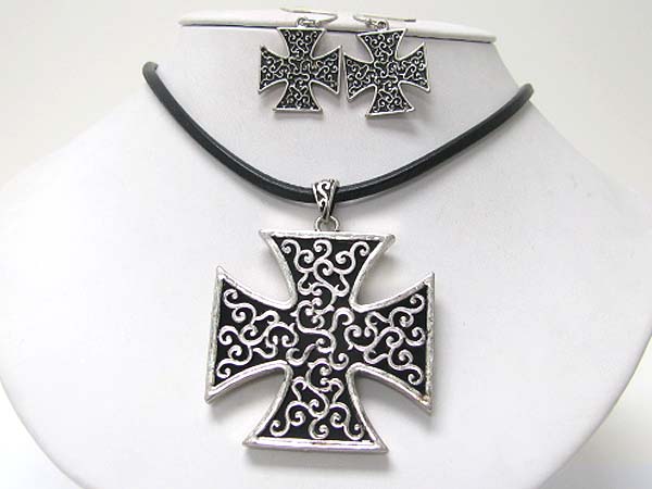 Burnish filigree metal cross pendant necklace earring set