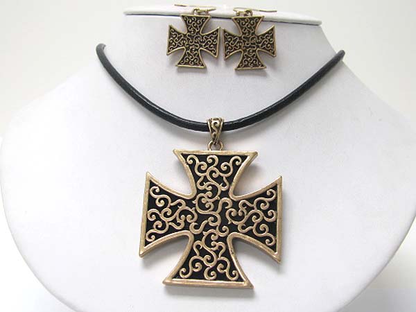 Burnish filigree metal cross pendant necklace earring set