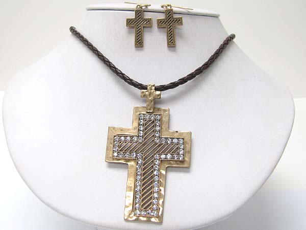 Crystal stud burnish metal cross pendant necklace earring set