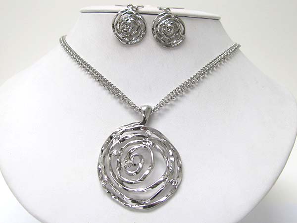 Crystal stud swirl metal round pendant necklace earring set