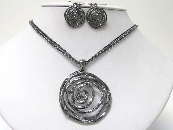 Crystal stud swirl metal round pendant necklace earring set