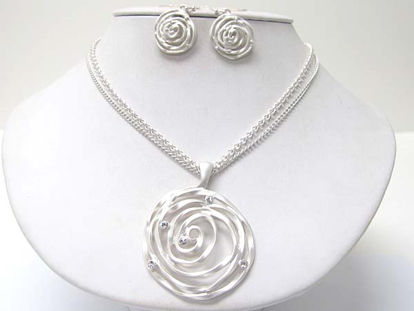 Crystal stud swirl metal round pendant necklace earring set