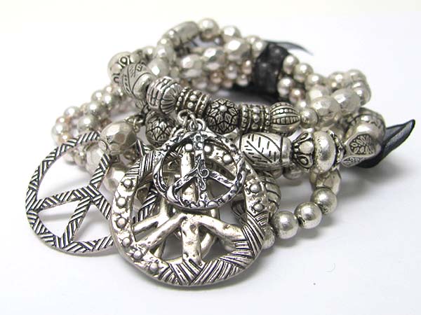 Peace charm multi row burnish textured metal beads stretch bracelet